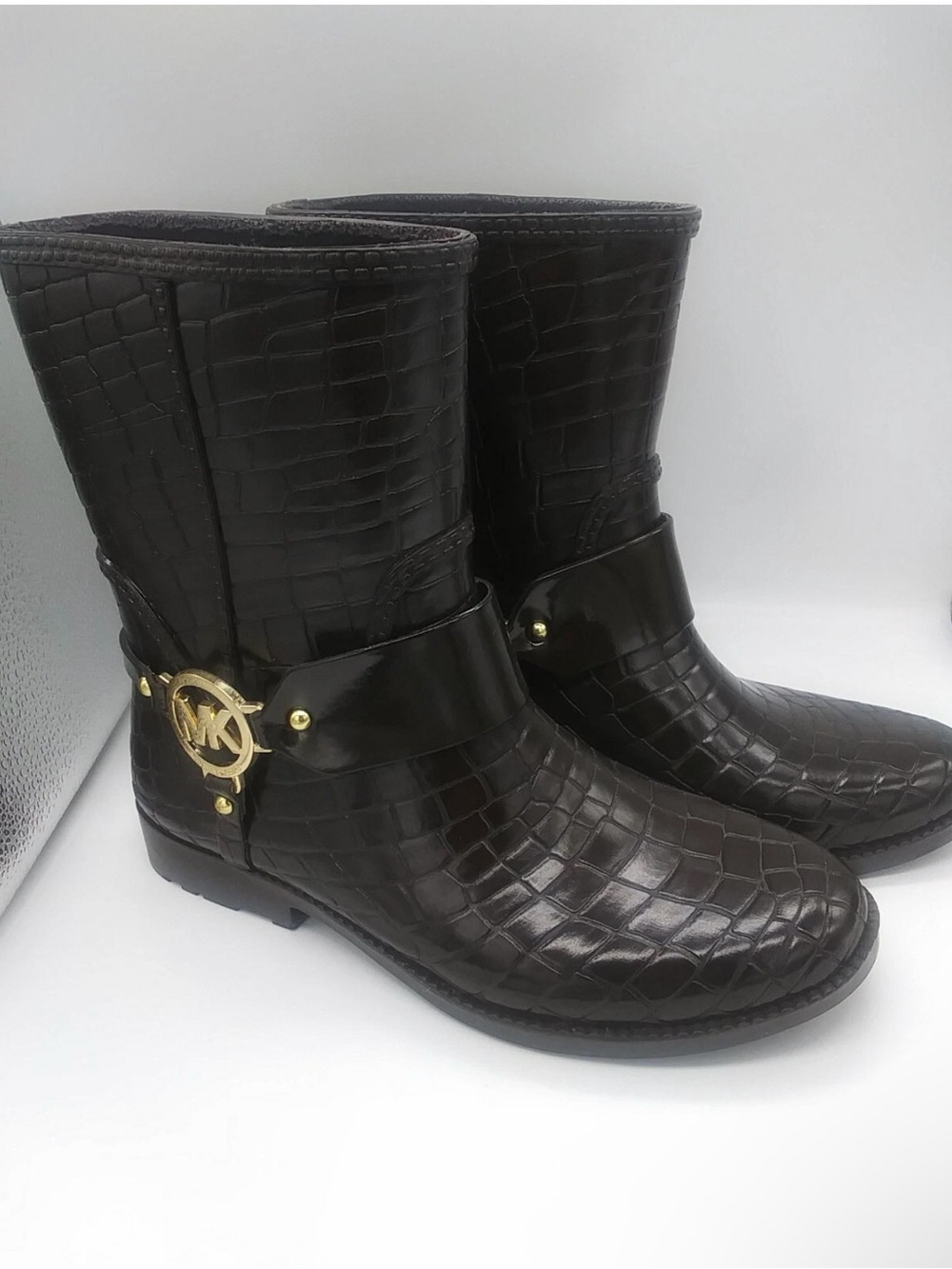 Michael Kors Darkโ Brown Croc-Embossed Leather Lace-Up Boots with Gold MK Accent